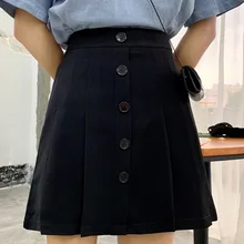 Летняя Корейская версия Новая тонкая юбка с высокой талией в форме А шикарная однобортная Студенческая плиссированная юбка средней длины женская одежда
