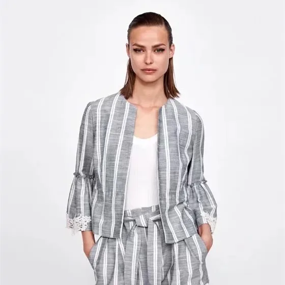 

Europe And America Hot Sales 2018 Spring And Summer New Style Suit Coat Women's Laminated Decoration Cotton Linen Stripes Casual