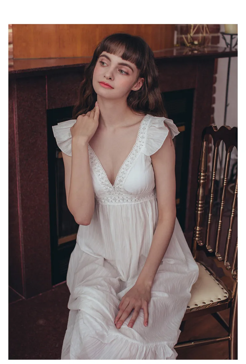 Осенняя одежда для сна, сексуальная белая хлопковая ночная рубашка с v-образным вырезом, Женская домашняя одежда, ночная рубашка, Женское ночное белье, ночная рубашка T566