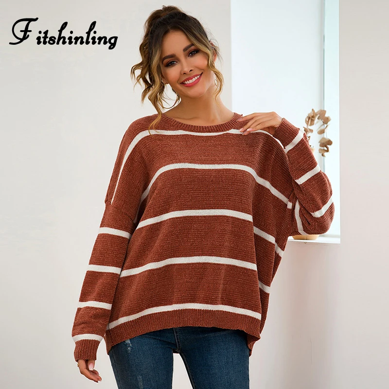 

Fitshinling Casual Loose Striped Sweaters Women Winter 2019 Big Size Boho Holiday Slim Pullover Knitted Jumper Female Sweater