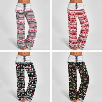 

Christmas Women Autumn Print Loose Wide Leg Loose Elastic High Waist Tie Straight Casual Pants
