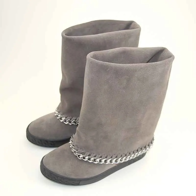 Boots Female Women Shoes Mid Calf Genuine Cow Leather Platform Cowboy Boots Hidden 8CM Height Increasing Chains Snow Botte