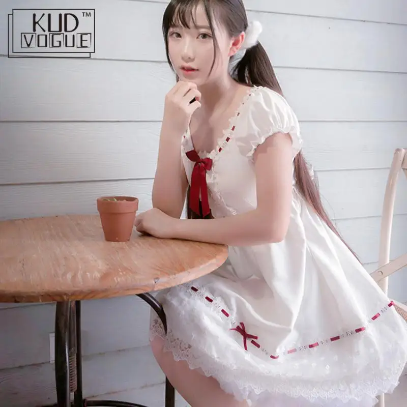 Kawaii/платье в стиле Лолиты; милое японское модное белое кружевное платье для девочек с красной лентой; большой бант с высокой талией и коротким рукавом; женский костюм