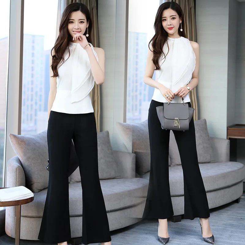 

2019 Summer Wear New Style Fashionable WOMEN'S Suit Short-height Halter High Trumpet Trousers Chiffon Two-Piece Set Fashion
