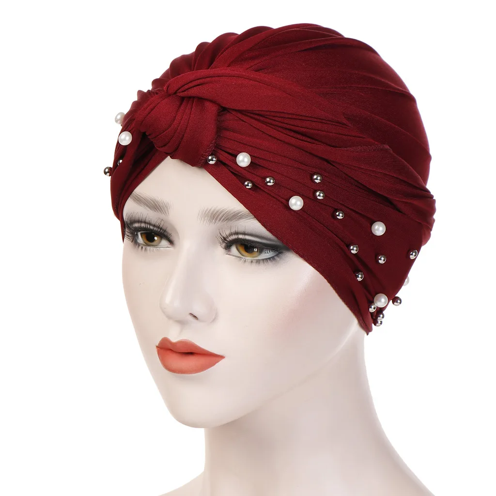 Muslim Women Cross Polyester Pearl Bead Turban Hat Cancer Chemo Beanies Cap Headwear Headwrap Plated for Hair Loss Accessories