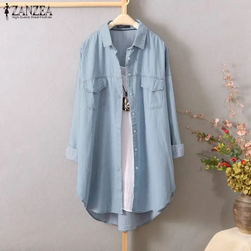 Женская блузка ZANZEA элегантная джинсовая синяя рубашка с длинными рукавами Асимметричная Blusas Женская металлическая кнопка с лацканами Топ Туника большого размера