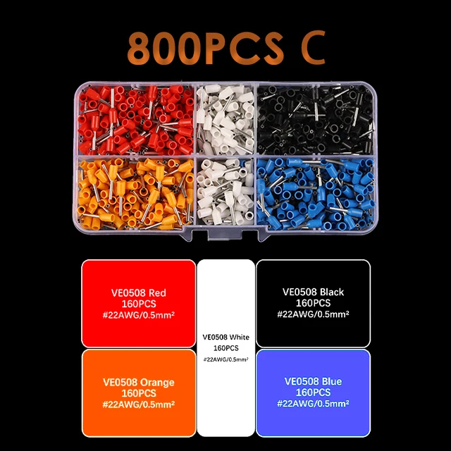 300/800PCS/Boxed VE Tubular Crimp Terminal Electrical Wire Insulated Terminator Block Cord End Connector Crimping Terminals Kit C 800PCS WITH BOX