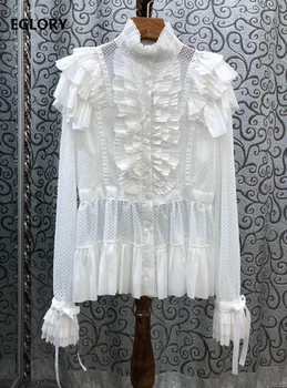 

2020 Summer Fashion White Blouses Women Ruffled Collar Hollow Out Mesh Patchwork Long Sleeve Casual Button Shirts Blosues Ladies