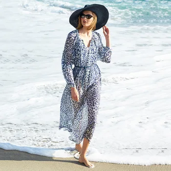 

Leopard Chiffon Beach Cover up Tunics for Beach Long Kaftan Bikini Cover up Robe de Plage Sarong Beach Swimsuit coverup