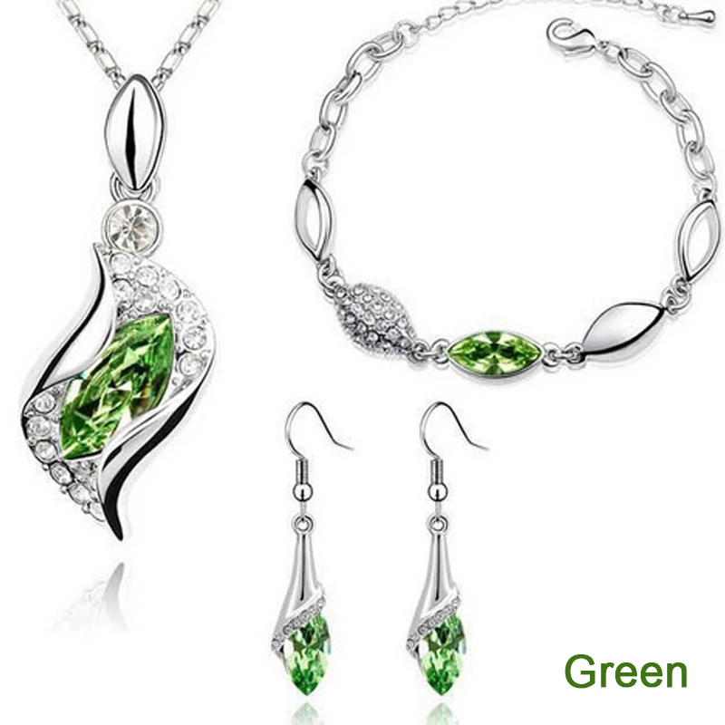 Green Новое поступление, серебряные ювелирные наборы, роскошные капли воды, голубой розовый прозрачный кубический циркон, кристалл, ожерелье, браслет, серьги, ювелирные изделия - Окраска металла: Green