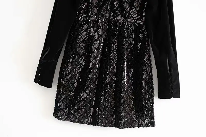 ZA модное платье с блестками для женщин темпераментные вечерние платья с круглым вырезом Лоскутная одежда Черное короткое платье с длинным рукавом и блестками