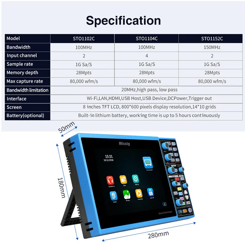 Micsig планшетный осциллограф STO1104C Plus 100 МГц 4CH 1GSa сенсорный экран с батареей 28mpts цифровой осциллограф