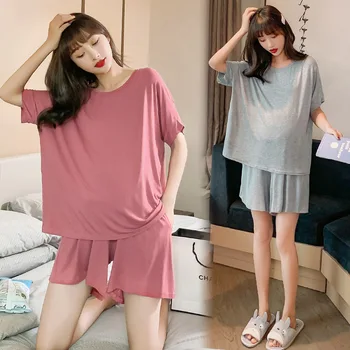 

131# Summer Thin Modal Maternity Pajamas Suits Large Size Loose Soft Sleepwear Clothes for Pregnant Women Pregnancy Sleep Lounge