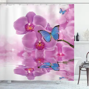 

Butterflies Shower Curtain, Orchid with Butterflies Reflection on Water Bloom Botany Plant Branch, Cloth Fabric Bathroom Decor