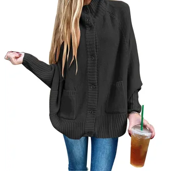 

Knitting Bat Sleeve Home Daily Casual Front Button Outwear Loose Sweater Shopping Soft Half High Collar Women Cardigan Polyester