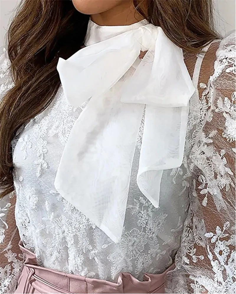 Women Sexy Lace Crochet Sheer Mesh Long Puff Sleeve Shirt Blouse Crop Tops See Through Bowknot Shirt Outwear Loose Casual Blouse Women Sexy Lace Crochet Sheer Mesh Long Puff Sleeve Shirt Blouse Crop Tops See Through Bowknot Shirt Outwear Loose Casual Blouse