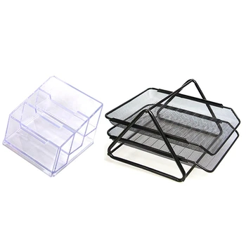 

1Pcs Business Card Box 3 Compartments Business Card Holder & 1Pcs Office Filing Trays Holder Wire Mesh Storage 2 Tiers