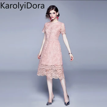 

2020 Summer Green Lace Dress Elegant Women's Short Sleeve Hollow Out Party Dress Vintage Female Crochet Vestidos