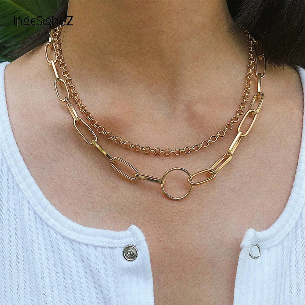 

IngeSight.Z Punk Multi Layer Chunky Choker Necklace Collar Statement Geometric Round Circle Pendant Necklace for Women Jewelry