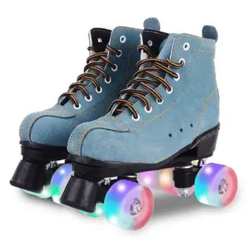 

Cowhide Roller Skates Double Line Skates Women Men Adult Roller Blades Two Line Skate Shoes Patines With Pu 4 Wheels Patins