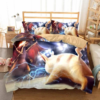 

Pikachu Anime Duvet Cover Set Twin Full Queen King Bed Linen Set Janpanese Game Character Cartoon Bedding Set 3PCS for Kids