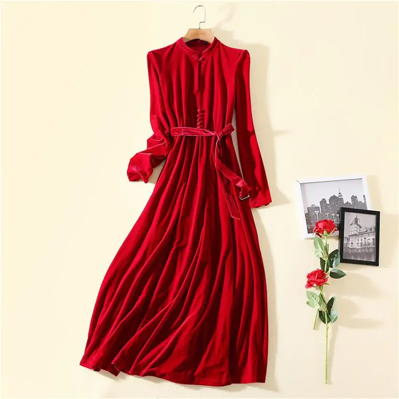 Женское Макси платье высокое качество дизайнерское подиумное стандартное воротник с длинным рукавом однотонное бархатное женское Элегантное Длинное Платье NP0756MF