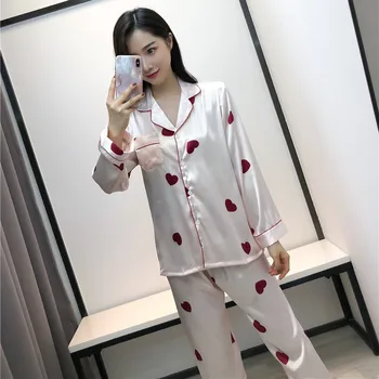 

2 Pieces Sets Homewear Sexy Women Pajama Sets Silk Satin Pijama Turn-down Collar Sleepwear Lady Long Sleeve Spring Nightwear