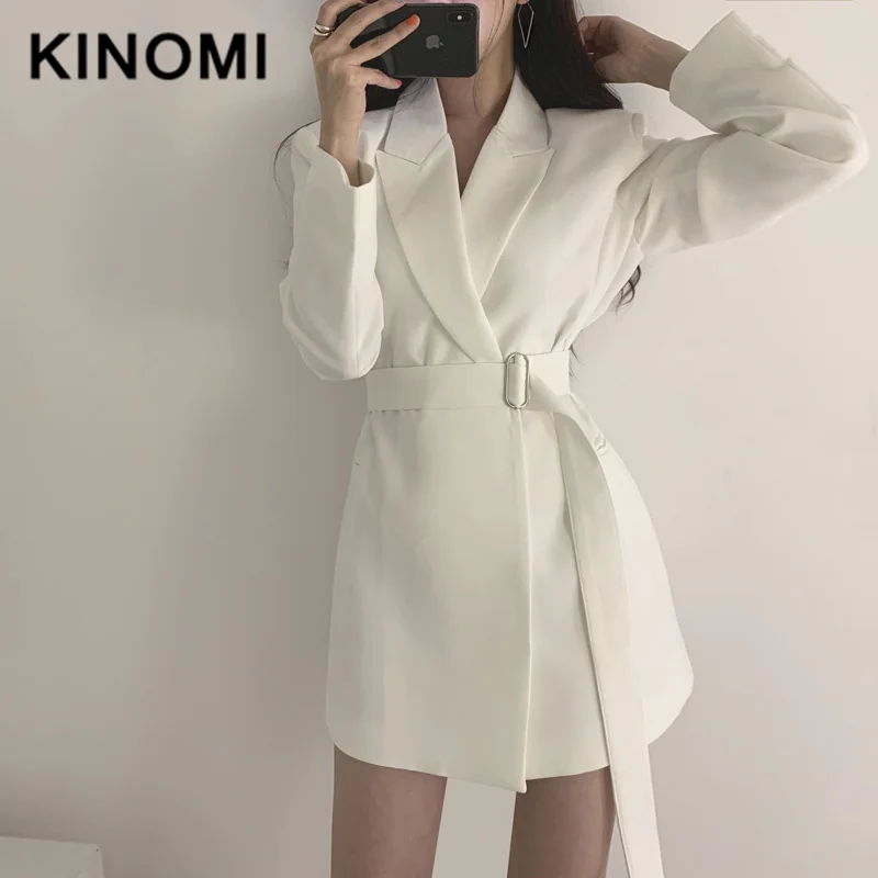 KINOMI винтажный белый Женский блейзер с вырезом-тупым вырезом, свободная Женская куртка, элегантная верхняя одежда, осень, женские блейзеры с длинным рукавом