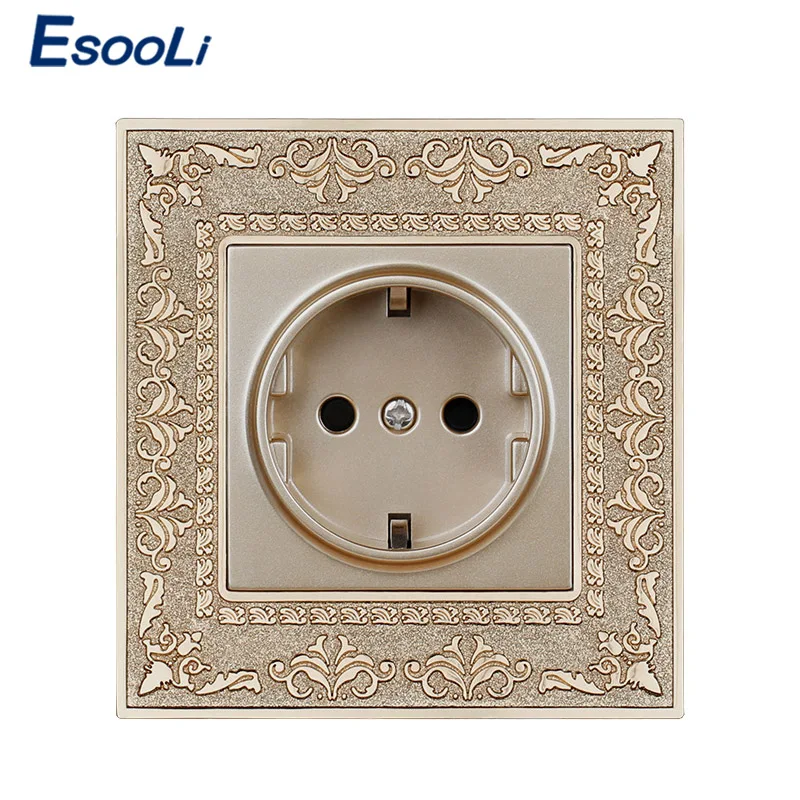 

Esooli 16A EU Standard Gold Power Socket 4D Embossing Retro Zinc Alloy Panel Wall Power Socket AC 110~250V