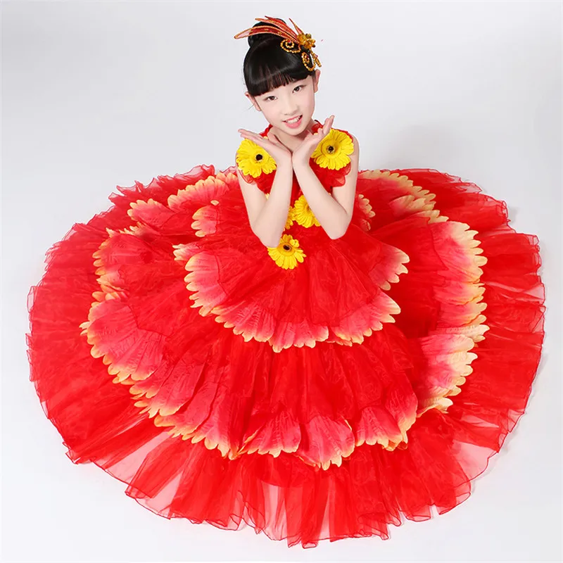 Детские юбки фламенко испанский бой быков платье для девочек Танцовщица фламенко Необычные лепестки открытие платье костюм для сцены DL4214