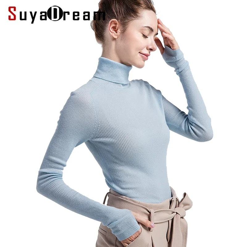 Women Wool Pullover 100%Wool Sweater For Women Turtleneck Rib Knits Fall Winter Bottoming Sweaters