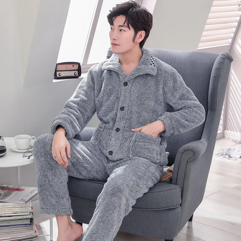 

Winter Pajamas Cationic MEN'S Cardigan Fold-down Collar Set Simple Warm Long Velvet Long Sleeve Trousers Home Wear