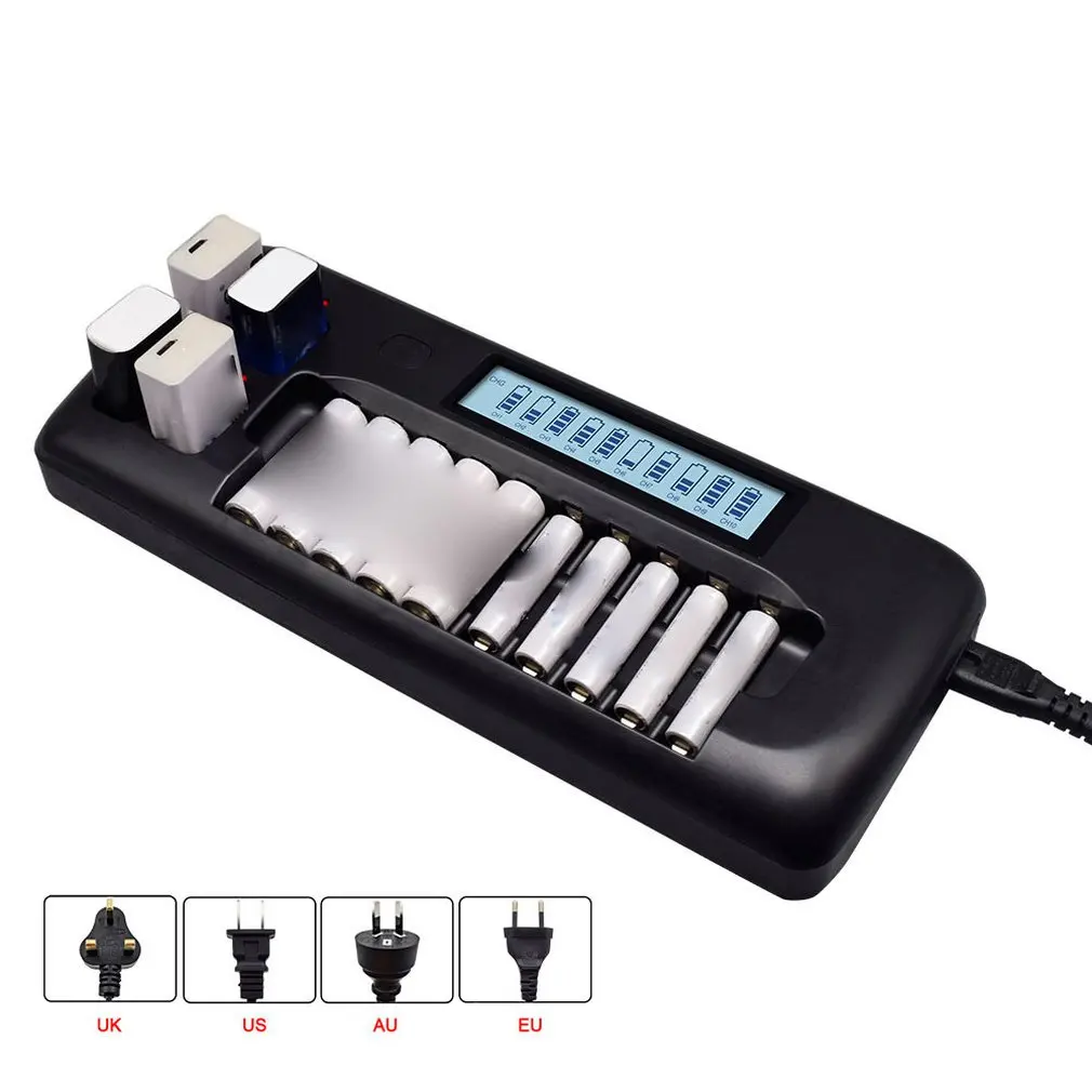 

10-Slot Lcd Smart Battery Charger Rechargeable Ni-Mh Aa/Aaa/9V Lithium Rechargeable Smart Battery Charger