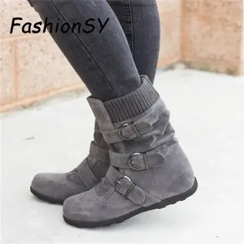 

New Women Warm Snow Boots Arrival Flat Plush Casual Ladies Shoes woman Plus Size Autumn Winter Buckle Female Mid Calf Boots