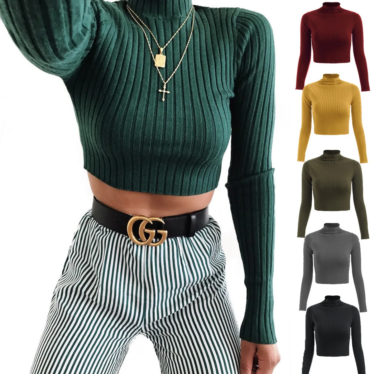 

Stock High fashion ladies autumn long sleeve high neck crop jersey knitwear bodyfit sexy crop blouse tops