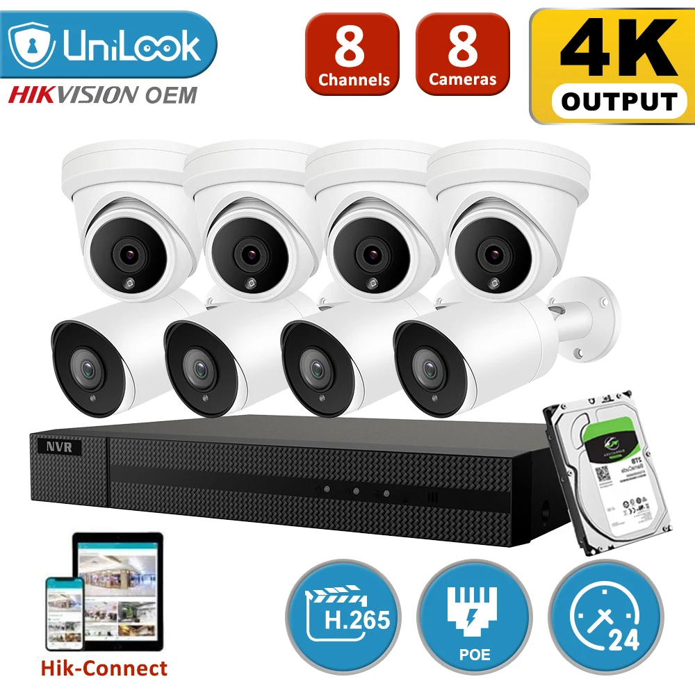 UniLook 8CH NVR 8 шт. 8MP Bullet Turrt Mix POE IP Camera Kit Система безопасности ночное видение