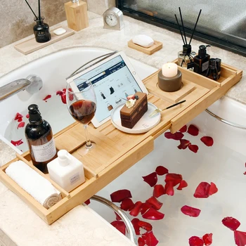 

Adjustable Bamboo Bathtub Tray Wooden Caddy Tray Bath Racks Wood Bathroom Storage Tray Organizer for Any Size Bath Tub