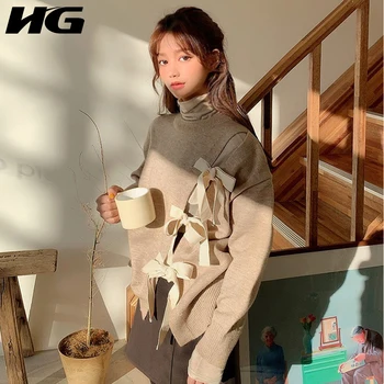 

HG 2020 Autumn New Women Sweaters Lovely Bow-knot Loose Plus Size O Neck Autumn Winter Clothes Women Fashion Wild Tops WJ1128