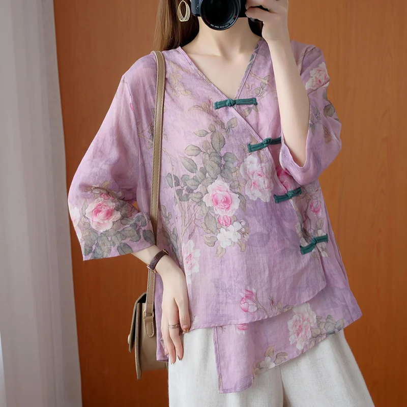 New Summer Traditional Chinese Top Chinese Flower Print Hanfu Clothes Oriental Clothing Traditional Blouse For Women