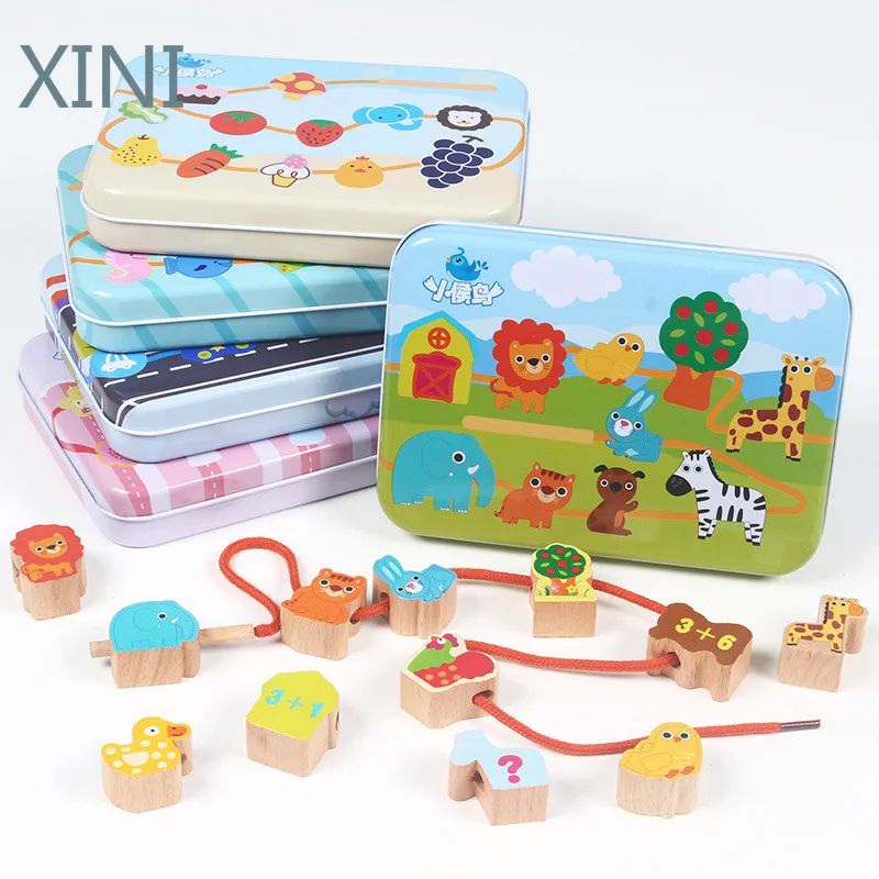 

Beech Wood Blocks Cartoon Animals Fruit Block Wooden Toys Stringing Threading Beads Game Educational Toy for Baby Kids Children