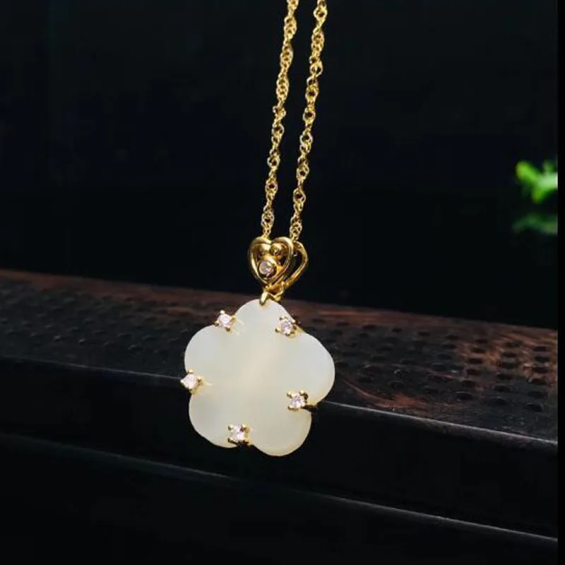 Hot Sale 925 Sterling Silver Hetian White Jade 16*16mm Gems Carved Flower Pendant For Women Jewelry Party Xmas Gift