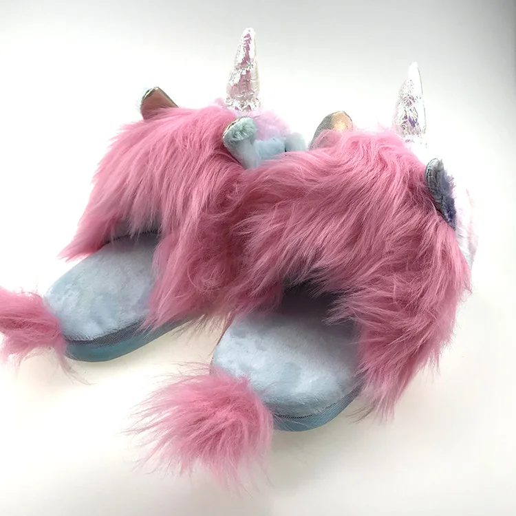 Women unicorn slippers fashion Appliques house slippers for girls plush lovely cheap fur slippers bedroom