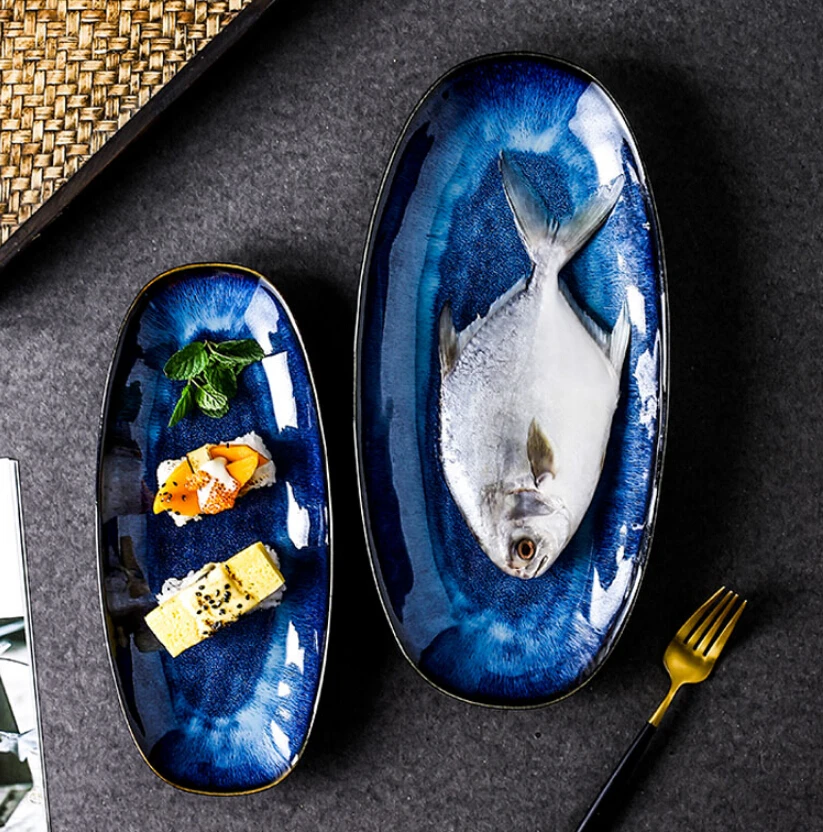 KINGLANG, японский стиль, сменная печь, кошачий глаз, синяя Рыбная тарелка, домашняя, на пару, Рыбная тарелка, большая глазурь, цвет, креативная тарелка для суши