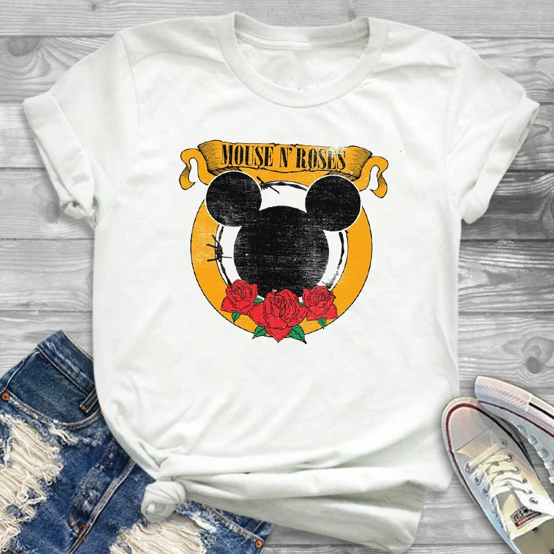 

2019 Women Cute Flower Roses Floral Cartoon T-Shirt Mouse Ear Shirt Camisas Mujer Tumblr Tee Female Aesthetic T Shirt Tees
