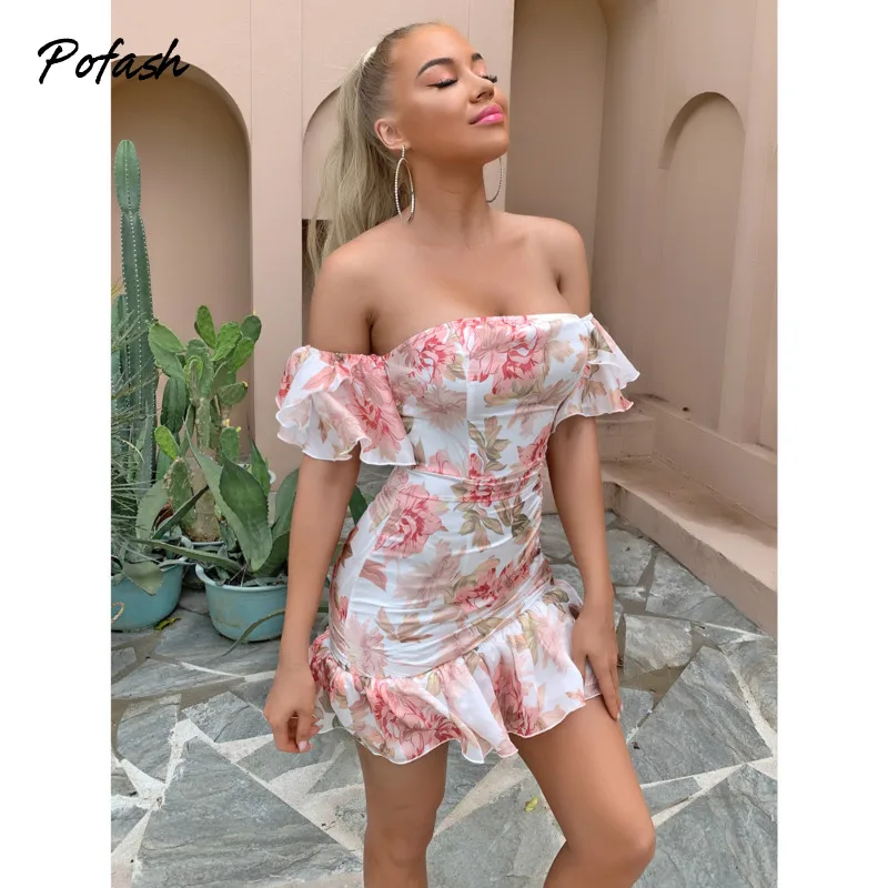 Pofash-Vestido corto con estampado Floral para verano, minivestido Sexy fruncido con hombros descubiertos para mujer, espalda descubierta y volantes, 2021