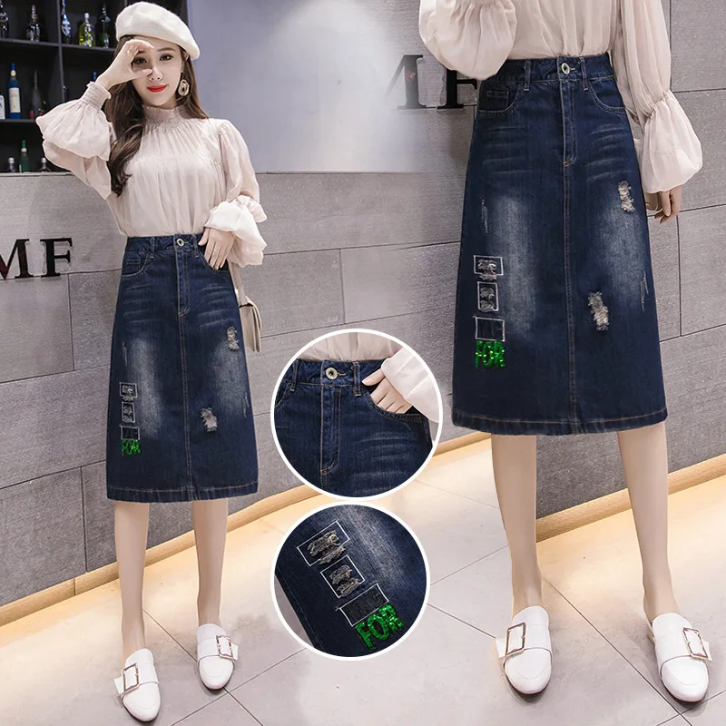

2019 Spring And Summer New Style Mid-length Denim Skirt High-waisted Korean-style Slimming A- line Skirt Sheath Step Skirt