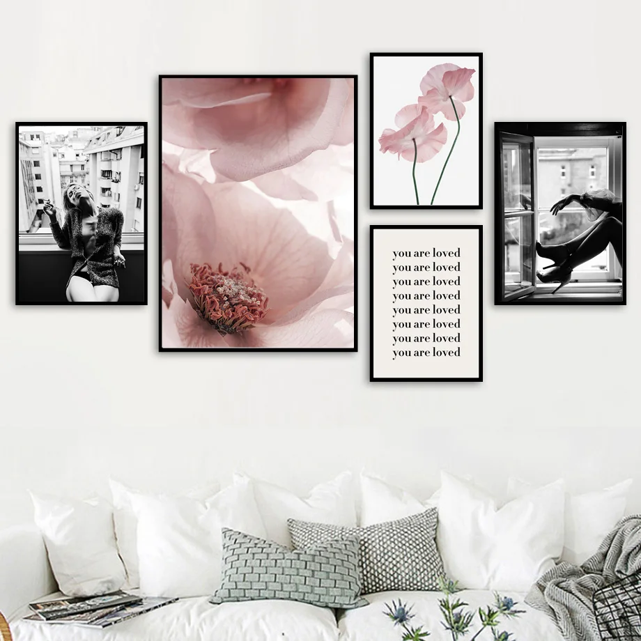 Sexy Girl Window Pink Flower Quotes Wall Art Canvas Painting Nordic Posters And Prints Wall Pictures For Living Room Home Decor