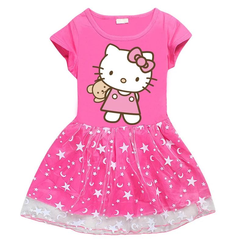 thumbnail image 1 of Ropa para niños de Hello Kitty, falda de princesa a la moda de algodón puro, vestido plisado de manga corta con estampado de dibujos animados para niñas, 1 of 5