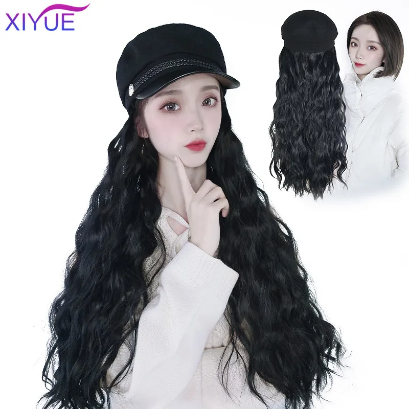 XIYUE Girls Long Curly Synthetic Navy Cap Wigs Hair Extensions Naturally Connect One Pieces Octagonal Hat Wig Autumn And Winter | Шиньоны и