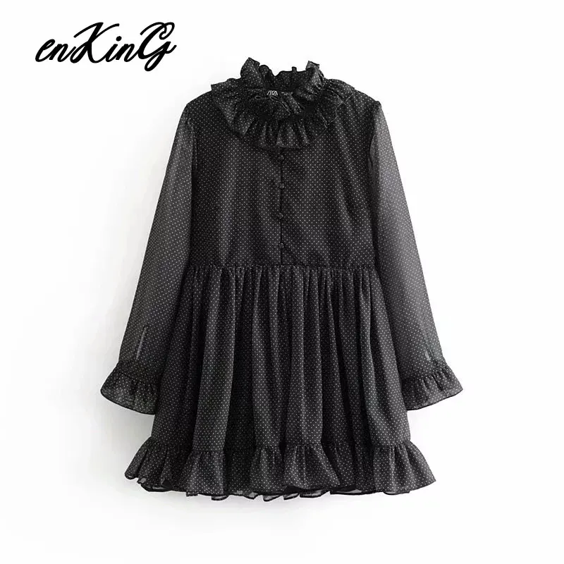women elegant dots print mini za dress straight style long sleeve ruffles design female streetwear dresses vestidos
